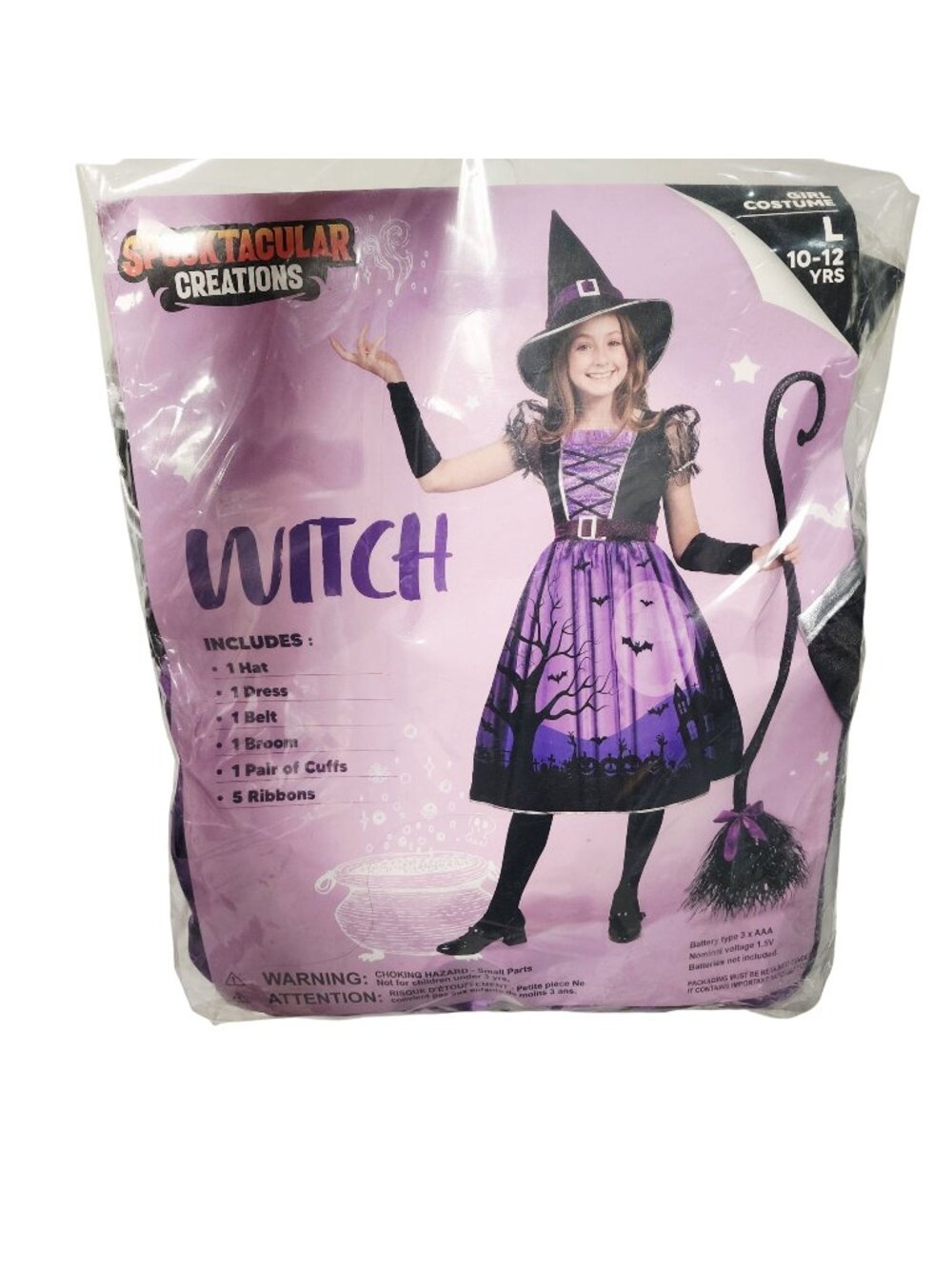 Girls Purple Witch Costume Set10-12 Years Includes Hat Dress Belt Broom Ribbons
